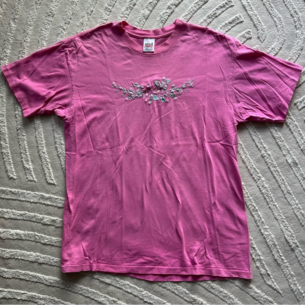 Anvil | Pink Floral Embroidered Tee